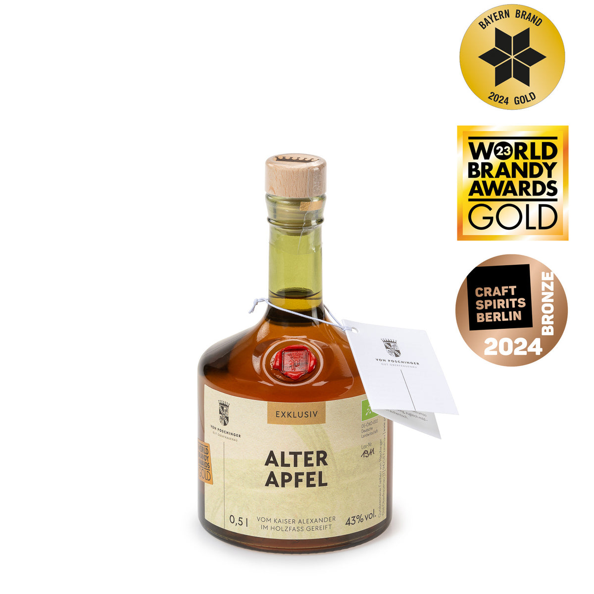 Bio Edelbrand Alter Apfel vom Kaiser Alexander ausgebaut im Barriquefass 43 % 0,5 Liter