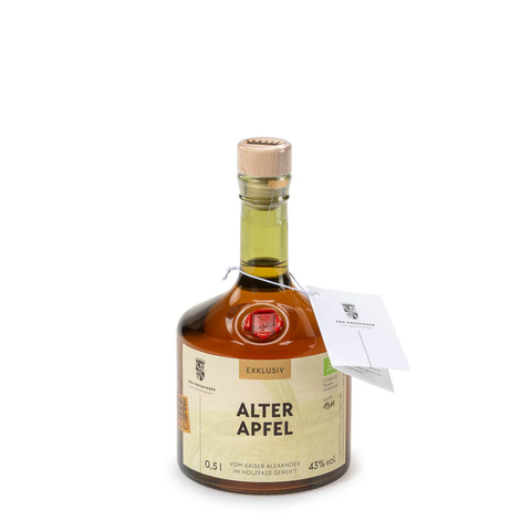 Bio Edelbrand Alter Apfel vom Kaiser Alexander ausgebaut im Barriquefass 43 % 0,5 Liter